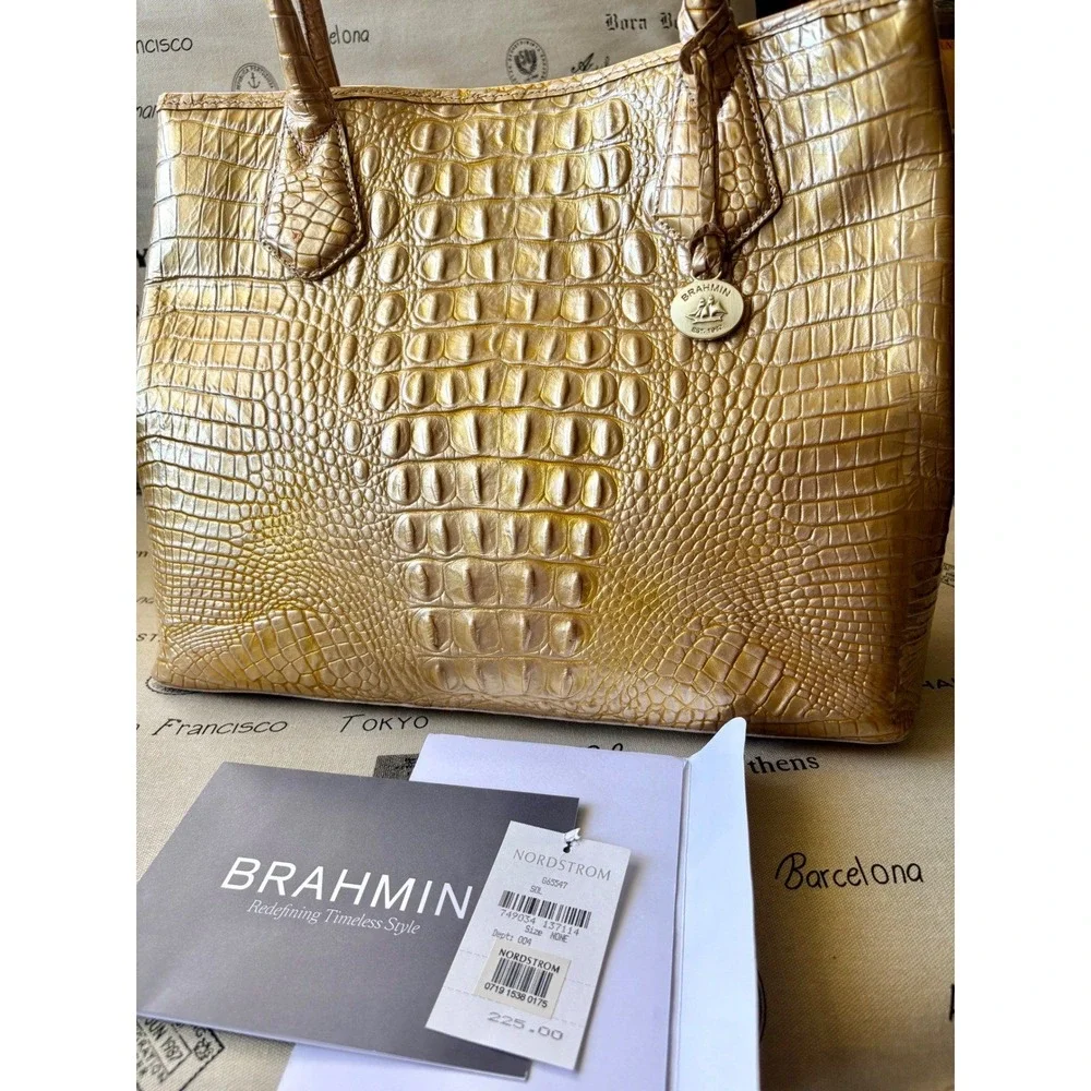 NWT Brahmin Sol Glossy Anytime Tote Gold Croc Embossed Leather Bag Neutral